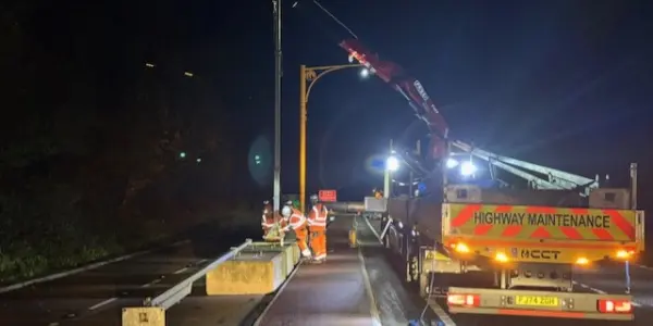 temporary speed enforcement camera installation at night.